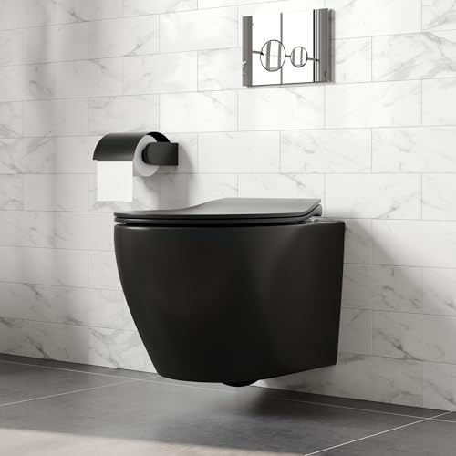 Wall Hung Toilet Without Cistern, DeerValley 1.6 GPF/1.1 GPF Double Flush Compact Rimless Ceramic Toilet Bowl with Soft Closed Seat - Black