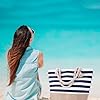 ViEinkaufen Waterproof Beach Bag,Beach Bags for Women with Zipper,Summer Tote Bags Canvas Stripe Travel Bag Reusable Shopping Shoulder Handbags for Pool Gym Picnic Holiday Essentials (Navy Blue) #5