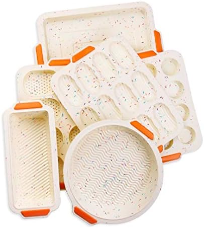 MEICHU Silicone Bakeware Set of 6, Muffin Pan Set Non-stick Bake Molds 1 Silicone Muffin Pan 12 Cup, 1 Madeleine Pan 12 cup, 1 Baguette Pan 8 cup, 1 Toast Loaf Pan, 1 Round Cake Pan, 1 Square Cake Pan