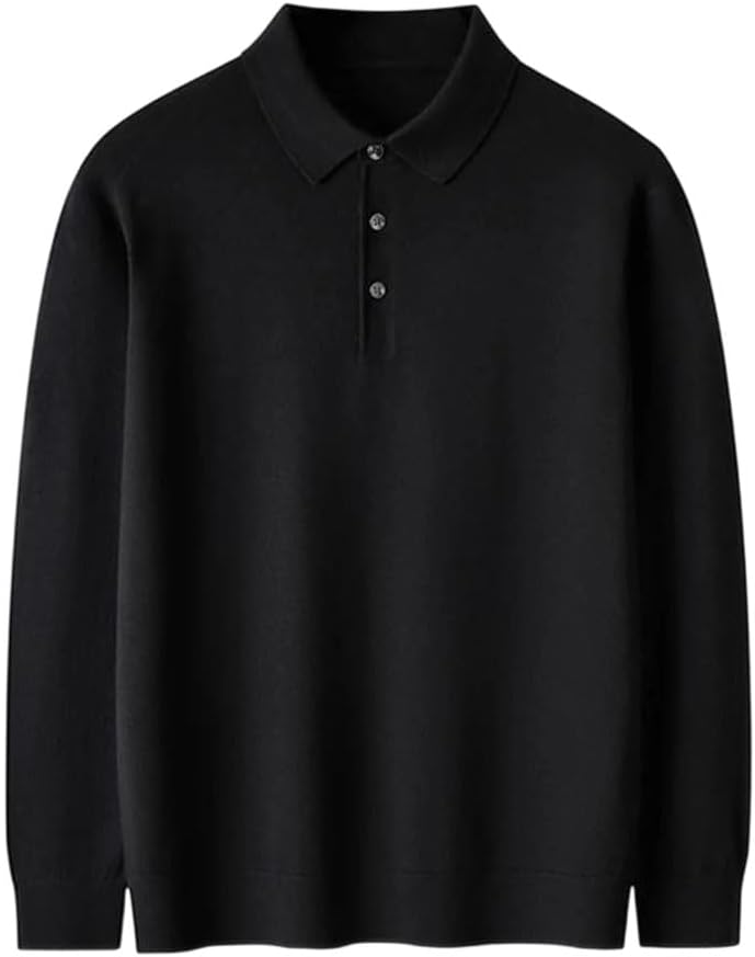 Dninmim Men's 100 Percent Wool Sweater Polo Collar Loose Pullover Business Casual Thin Jumper