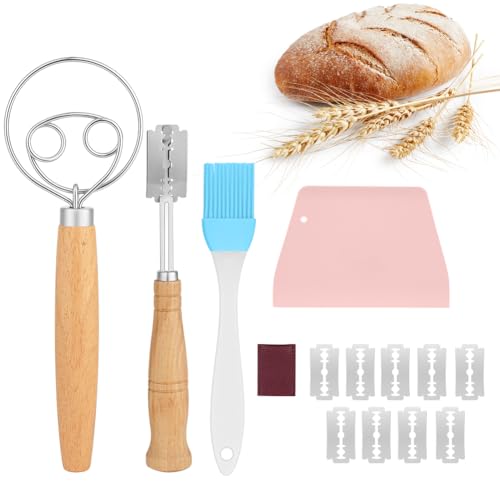 OSDUE Bäckermesser 4er Set Dänischer Schneebesen Teigmesser für Gerade Geschwungene Schnitte Brot Einschneidemesser mit 10 Ersatzklingen Teig Rasiermesser Backpinsel für Baguette Brötchen Backen
