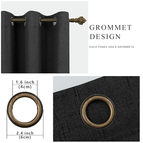 Image of 100% Blackout Linen Textured Curtains for Bedroom Full Light Blocking Room Darkening Bronze Grommet Window Drapes Thermal Insulated Energy Efficient Home Decor 52x84 Black (2 Panels)