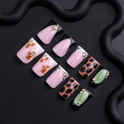 Image of Duck Press on Nails French Tip Fake Nails Leopard Print Glue on Nails with Rhinestone Design Glossy Full Cover Reusable Artificial Acrylic Star Stick on Nail for Women Manicure 24Pcs