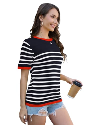 Image of ANCAPELION Women's Short Sleeve Sweater Top Striped Knit Crew Neck Pullover for Summer Trendy Shirts