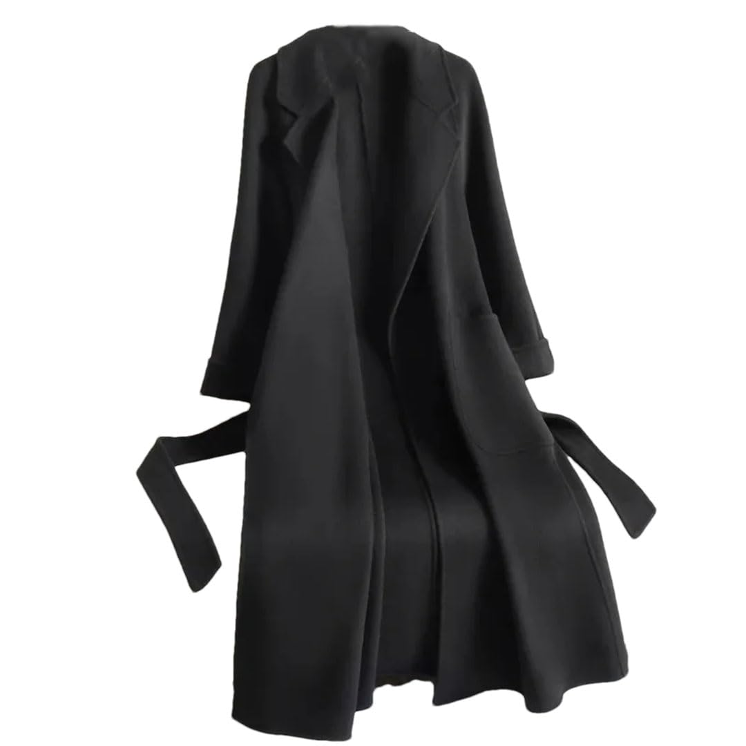 Womens Cashmere Trench Coat Double-Sided Belted Overcoat Notch Lapel Slim Fit Pockets Long Outerwear