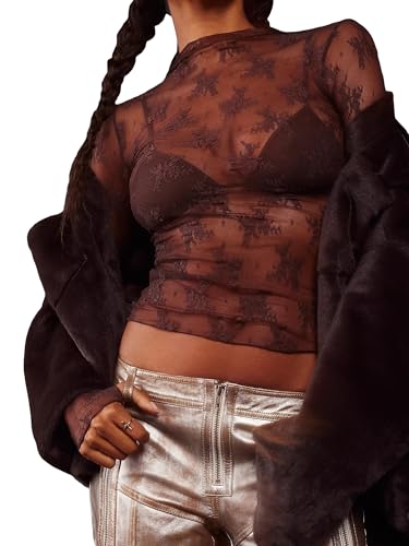 Image of Springcmy Women Sexy Mock Turtle Neck Long Sleeve Sheer Mesh Lace Floral See Through Swiss Dots Going Out Layering Slim Fit Tops Streetwear (B-Brown, M)