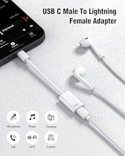USB C to Lightning Headphone Audio Adapter, Type C Male to Female Lightning Earphone Converter with Charge/Data Transfer, Compatible with iPhone 17/16/15 Plus/Pro/Max, iPad Pro/Air 6/5/4, MacBook