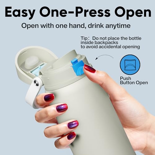 Image of Insulated Water Bottle with Straw - Encool Stainless Steel Water Bottle with Push Button Lid, Leak-Proof & BPA-Free, Keeps Cold for 24 Hours for Sports, Travel, Gym (32 oz, Kangaroo Grey)