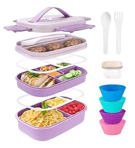 Bento Box Adult Lunch Box, Stackable Lunch Container for Adults Women Kids Girls, 63oz 3 Layer Large Lunch Box Container with Utensil Set, Sauce Container, Muffin Cups, Purple
