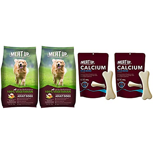 Image of Meat Up 100% Veg Adult Dog Food, 3kg (Buy 1 Get 1 Free)&Calcium Milk Bone Pouch, Dog Treats - 25 Pieces (230 gm)