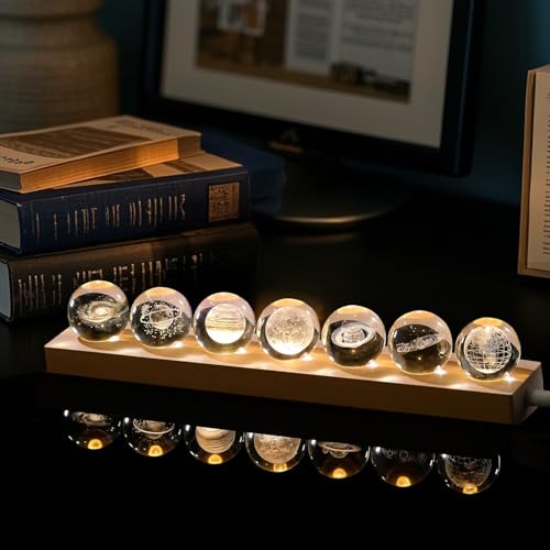 7 Galactic Crystal Ball Décor with LED Wooden Light Stand - 3D Earth Moon Saturn Galactic System 40mm Crystal Sphere Ideal for Decorative Gift