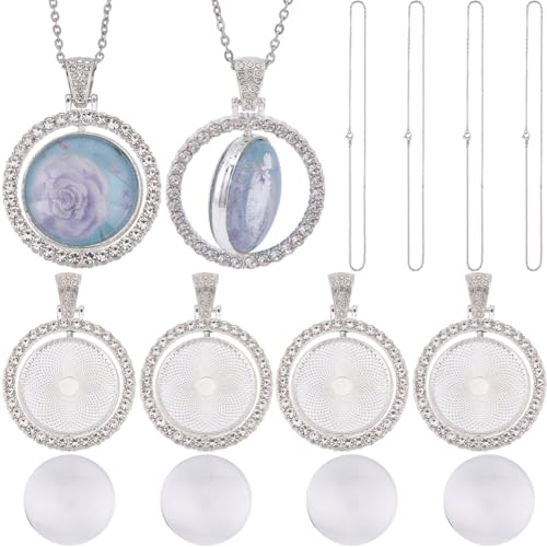 SOFPLATE 1 Box 24Pcs 25mm Round Bezel Pendant Trays Rhinestone Bezel Pendant Trays Set Glass Cabochon Bezel Blank Double Sided Rotatable Tray with Chains for Jewellery Making Supplies DIY Necklace