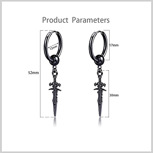 Black Sword Drop Dangle Small Hoop Earrings For Women Girls Men Stainless Steel Engrave Animal Cross Dagger Charms Dangling Hoops Cuff Cartilage Wrap Hypoallergenic Vintage Punk Pray Mother's Day Jewelry #TOP5