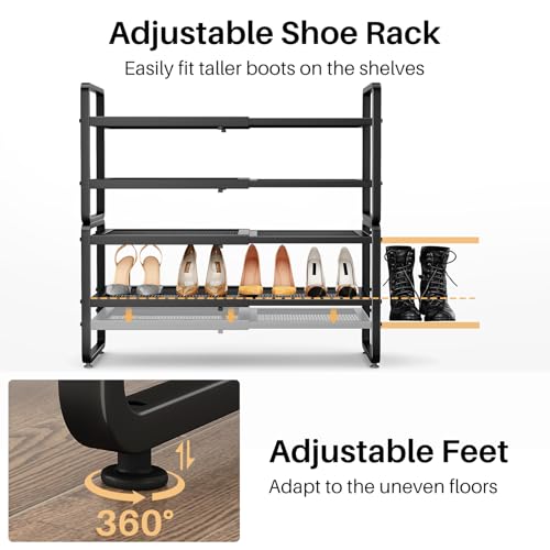 Image of SNTD Shoe Rack - Expandable Shoe Organizer for Closet, Adjustable Metal Shoe Shelf Storage, Stackable Long Shoe Stand Holder for Garage, Entryway, Door Entrance (Black, 4-Tier)