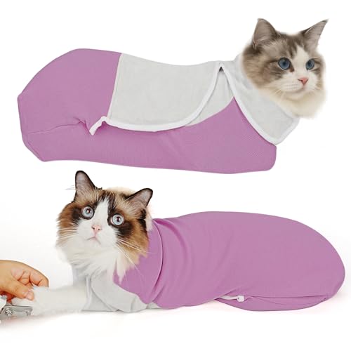 Pawfun Self-Adhesive Cat Grooming Wrap, Cozy Cat Wrap for Cutting Nails, Breathable Anti-Scratch Cats Swaddle Bag for Brushing, Ear Cleaning, Dental Care, Medication, Injections,Pinkish Purple S