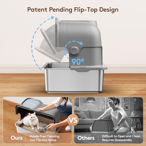 Stainless Steel Litter Box, Patented Ordor Control Technology, No Filters Needed, Convenient Flip-Top Lid, Extra Lage 65L Enclosed, Anti-Leak, Comes with Scoop & Litter Mat, Easy to Clean