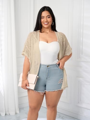 Image of SCOMCHIC Women Plus Size Lightweight Cardigan Summer Kimono Ruffle Short Sleeve Open Front Casual Tops Beach Cover Up