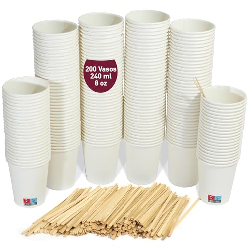 gobecups 200 Vasos desechables blancos de 240 ml / 8 oz para Café con Paletinas de Madera, Resistentes, a Prueba de Fugas y Sin Olores. Vasos cartón desechables