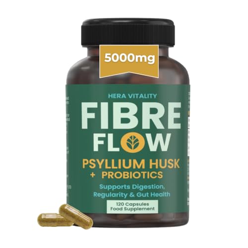 Psyllium Husk Fibre Supplement 5000mg + Probiotics – High Strength Digestive Gut & Regularity Support – 120 Vegan Fiber Capsules, UK Made – HERA Vitality