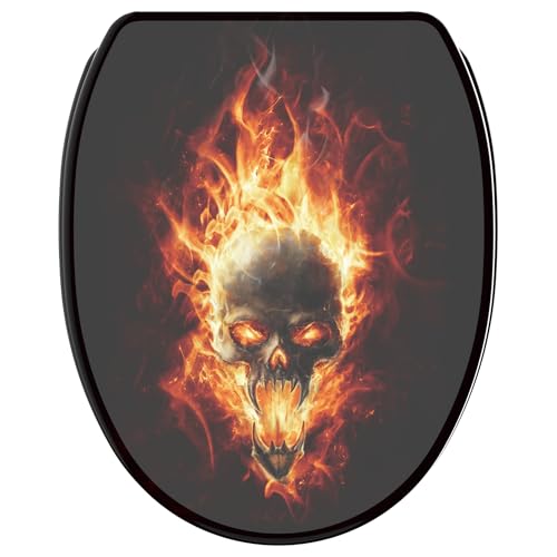 Sanilo WC Sitz mit Absenkautomatik & Schnellverschluss, Toilettendeckel per Knopfdruck abnehmbar, einfache Montage von oben (Totenkopf in Flammen)