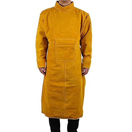 MBLUE Delantal de trabajo de piel vacuno de 3 tamaños, ropa protectora para soldar, resistente al calor, resistente al fuego, con mangas (85 cm), amarillo, 85 cm