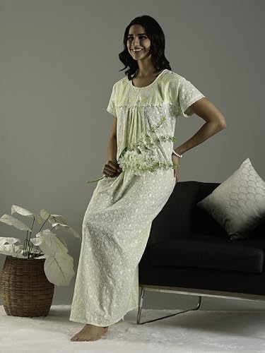 Image of 9shines Label Stylish Chikankari Cotton Nighty Maxi for Women | Full Length Nightgown | Nightdress with Pocket | Embroidery Nighty | Soft Comfortable Cotton Nightwear (1545)