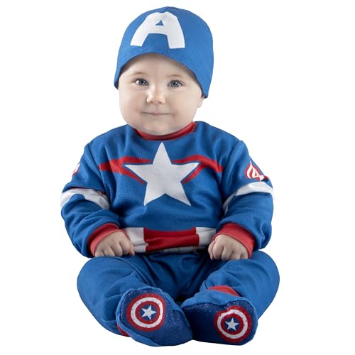 Marvel Captain America Official Infant Halloween Costume - Premium Quality Minky Fabric Jumpsuit and Non-Slip Booties (12-18 Months) Blue
