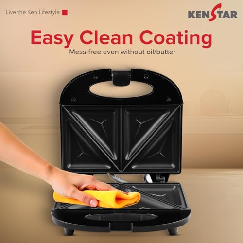 Image of Kenstar SNACKY 750W Sandwich Maker | Non-Stick 2-Slice Grill Plates | Cool-Touch Body & Auto Cut-Off | Black