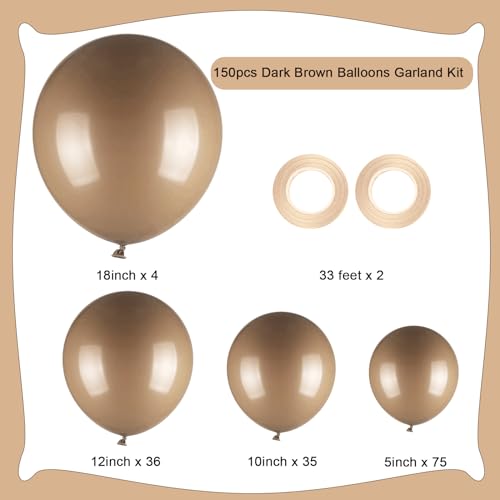 Image of 150pcs Dark Brown Balloons Different Sizes Pack, 18 12 10 5 Inch Party Balloon Garland Arch Kit for Birthday Wedding Gender Reveal Boho Party Decorations(With 2 Ribbons)