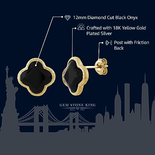 Gem Stone King 18K Gold Plated Sterling Silver Flower Shape Clover Designs Black Onyx Diamond Cut Stud Earrings For Women3