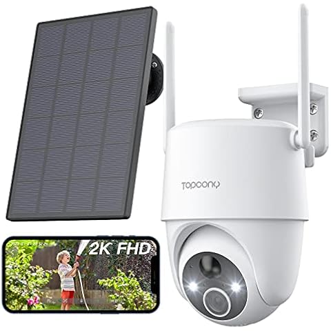 Topcony 360° 2K Solar PIR Motion Detection Security Camera Outdoor Wireless with Color Night Vision, Rechargeable Battery CCTV Camera Systems, WiFi PTZ Camera, Siren Spotlight , 2-way Audio Cover