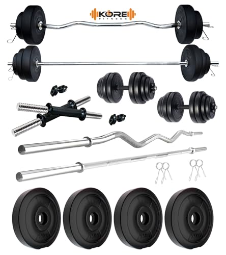 Image of Kore PVC 10 Kg Home Gym Set with One 3 Ft Plain + One 3 Ft Curl Rod and One Pair Dumbbell Rods, Multicolour