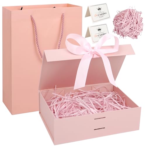 Realjoy Cajas de Regalo Magnéticas con Tapas, 23 x 17 x 7cm Caja de Regalo con Lazo,Tarjeta de Felicitación y Rafia, Cajas para Regalos,Cumpleaños,Bodas,Día de San Valentín,Navidad（Rosa）