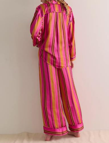 Image of Women Floral Satin Pajamas Long Sleeve Button Shirt Silk Wide Leg Pants Set