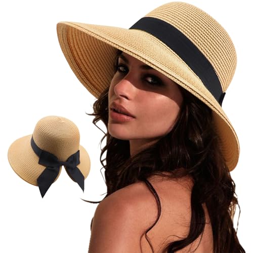 DRESHOW Bowknot Chapeau de Soleil pour Femme Bord Large Chapeau de Soleil de Pplage Pliable pour l'été Chapeau Sarouel en Paille à Large Bord avec Nœud UPF...