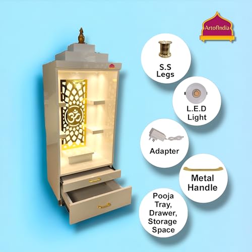 Image of Wooden Mandir, Designer Mandir for Home, Office, Golden Jali, White Colour, 18 mm Board (White)