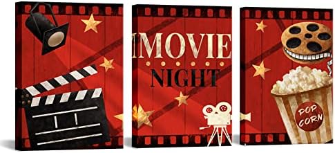 Apicoture Home Theater Wall Decor Movie Night Sign Canvas Wall Art Prints Movie Film Reels Popcorn Lamplight Painting Prints Media Room Home Cinema Wall Framed 12"x16"x3 Pieces