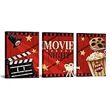 Apicoture Home Theater Wall Decor Movie Night Sign Canvas Wall Art Prints Movie Film Reels Popcorn Lamplight Painting Print Media Room Home Cinema Wall Decor Framed 12'x16'x3 Pieces