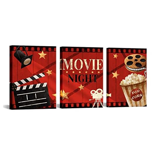Apicoture Home Theater Wall Decor Movie Night Sign Canvas Wall Art Prints Movie Film Reels Popcorn Lamplight Painting Prints Media Room Home Cinema 12"x16"x3 Pieces