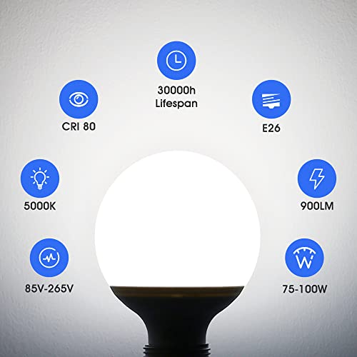 G25 Led Vanity Light Bulbs, 100W Led Globe Incandescent Bulb Equivalent, Led 9W Vanity Bulbs For Bathroom Mirror, 5000K Daylight 900Lm, E26 Base Round Makeup Mirror Decorative Décor Lighting, 4 Pack #TOP5