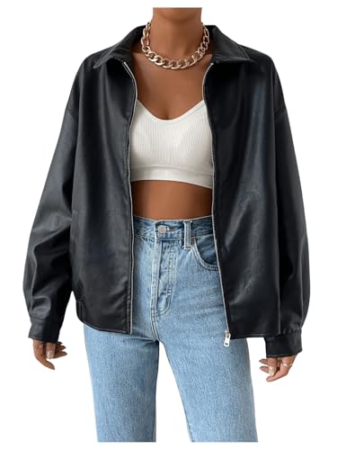 MakeMeChic Women's Faux Leather Shacket Long Sleeve Zip Up Motorcycle Jacket Biker Coat