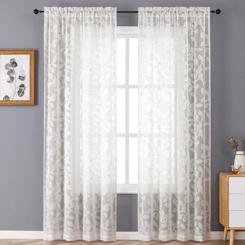 OVZME Ivory Sheer Curtains 84 inches Long 2 Panels for Living Room, Jacquard Clip Leaf Pattern Textured Light Filtering Window Semi Sheer Voile Drapes for Bedroom, Each Panel 42 x 84 Inch