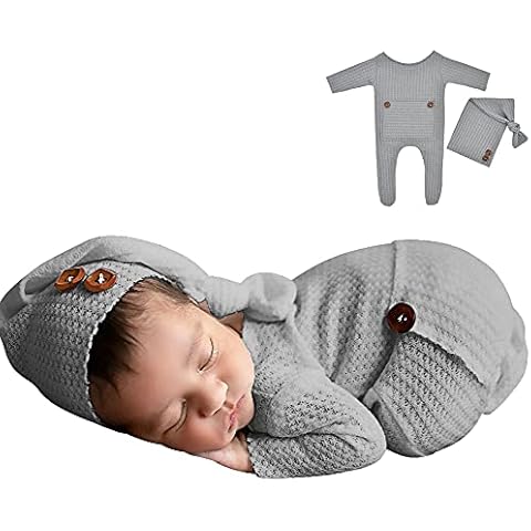 Winmany Baby Crochet Knit Photo Photography Prop Outfits,2PCS Newborn Photo Prop Romper Hats Costume Infant Accessories (Grey) Cover
