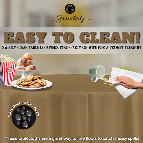 Image of Grandipty Plastic Table Cloth Disposable 12 Pack 84 inch Round Gold | Plastic table covers, durable disposable tablecloths, fade and tear-resistent table cover for party, event