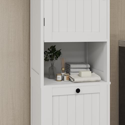 Locsear Tilt Out Laundry Hamper Cabinet, 55\" Tall Bathroom Storage Cabinet Laundry Cabinet with Shelves and Clothes Basket, Hamper Cabinet Shelf for Laundry Room Bathroom Organizer, White