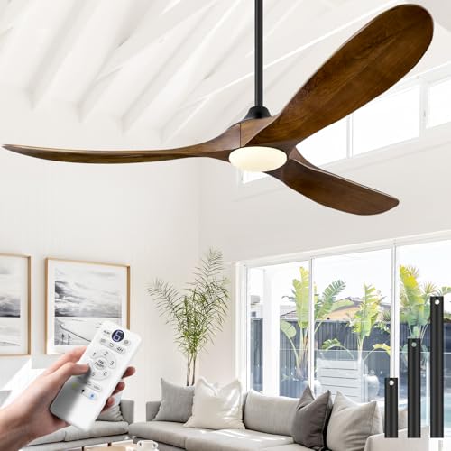 ABZ 52 Inch Ceiling Fans with Lights and Remote Control, Outdoor Ceiling Fan with Light 3 Blades Propeller Solid Wood Ceiling Fan for Indoor Bedroom Living Room, Walnut Wood