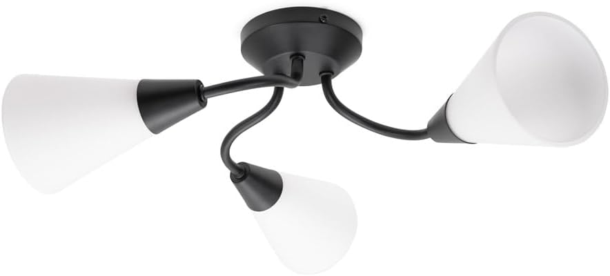 Traditional Black 3 Arm Ceiling Light Fitting with White Frosted Glass Shades | Close-to-Ceiling Lights, Home Décor & Improvement Essential | Includes Bulb