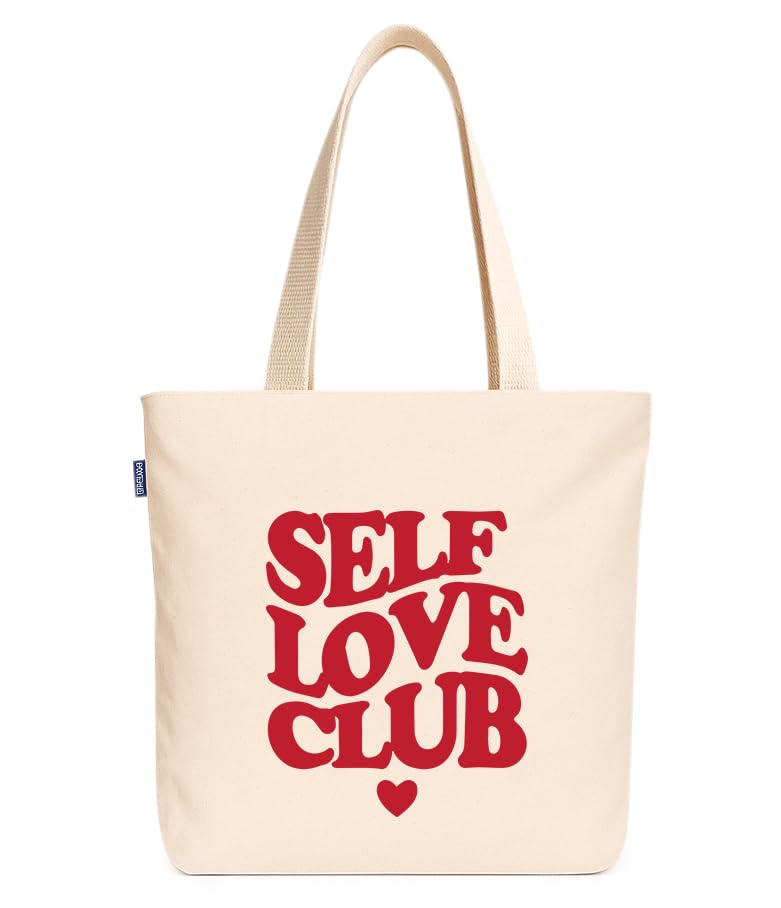 Econest Premium Canvas Tote Bags for Women with zip closer | unique tote bag for Girls, 100% Organic Cotton Tote bag | beach | gift | office, school & Daily Usable strong handbag (Self Love Club)