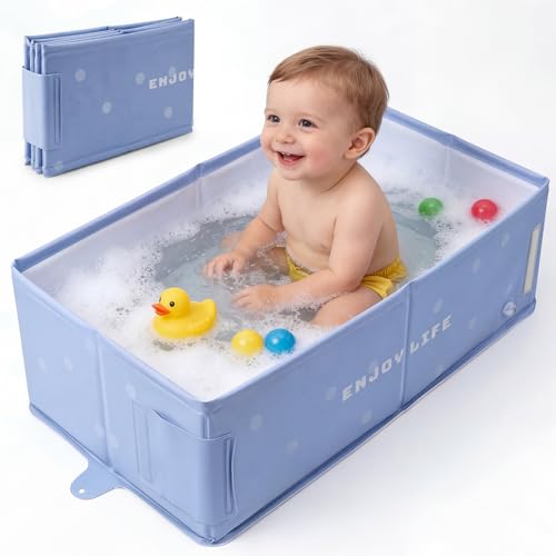 Foldable Baby Bath Tub Extra Large Non-Slip Kids Bath Tub Portable Space-Saving Baby Bathtub for Newborn Toddler & Young Children Collapsible Bath for Home Shower Room & Travel (Dusty Blue)