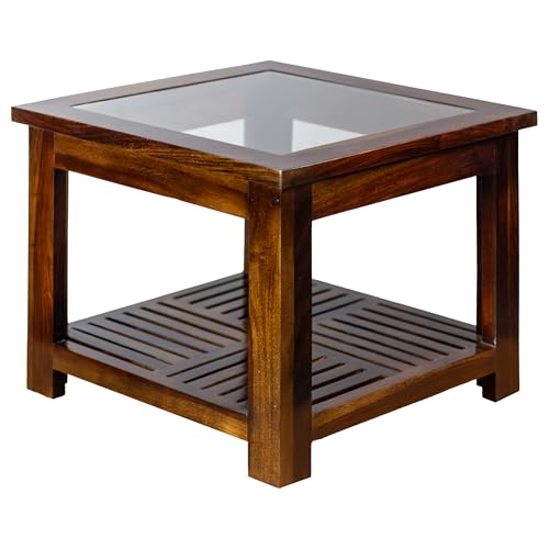 Image of Solid Sheesham Wood Coffee Table with Glass Top & Storage Shelf | Premium Wooden Teapoy | Modern Center Table for Living Room | Wooden Tea Table (Walnut Finish)